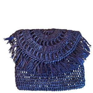 Mar Y Sol Raffia Handwoven Navy Fringe Button Mini Clutch Bohemian Resortwear
